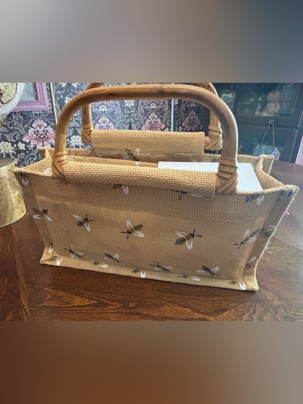 Natural Bee Print Burlap Tote with Wood Handles